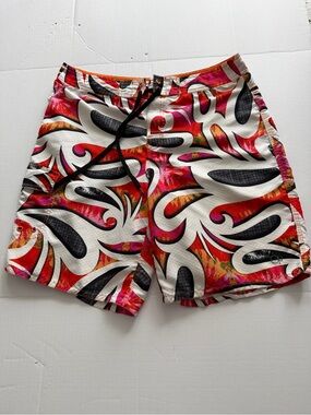 OP Men's White Swim Board Shorts with Red, Pink, Orange & Black Swirl Print